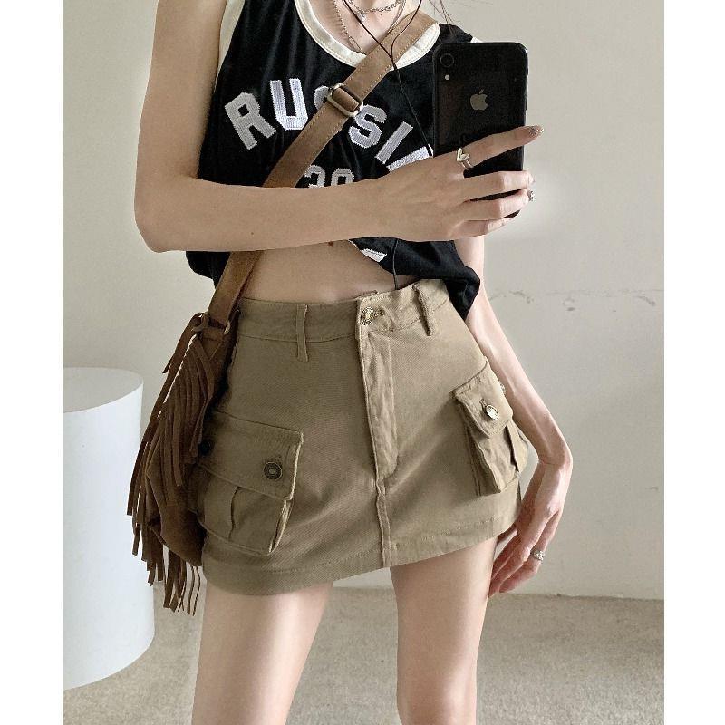 Khaki Workwear Short Skirt for Women American Retro High Waist A-line Flap Pocket Pants Skirt Sexy Anti-exposure Hip Skirt Pants