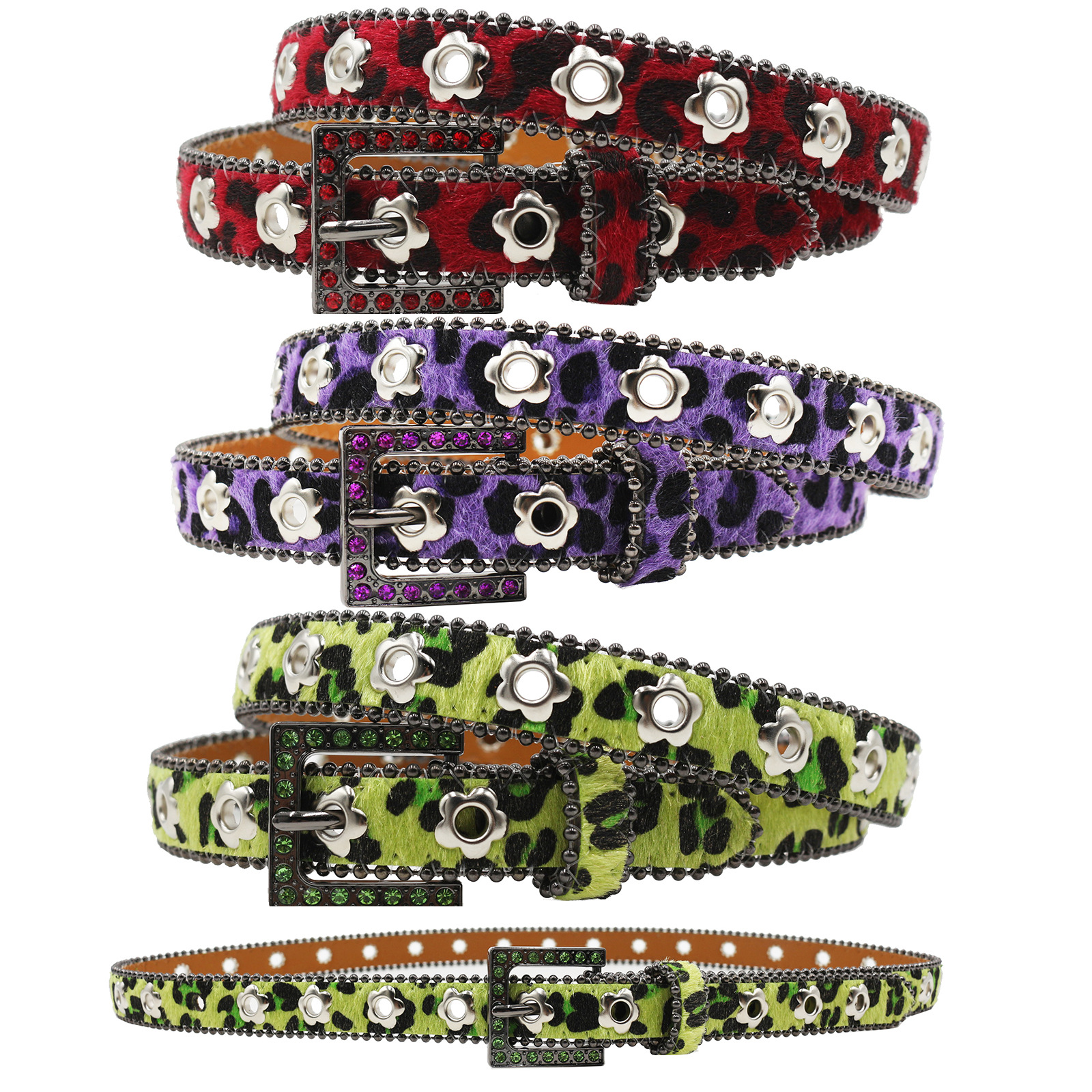 High-grade 2.3 wide leopard print women's belt flower corns non-perforated women's belt rhinestone inlay belt pin buckle full diamond belt