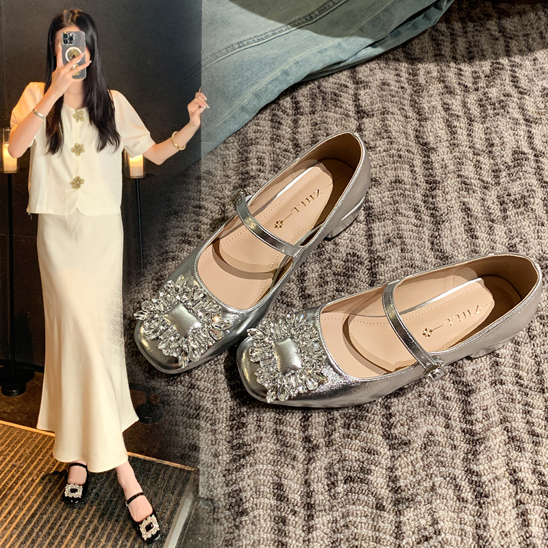 2386-58 Autumn New French Rhinestone Square Toe Shallow Mouth Mary Jane Widened Large Size Shoes for Women