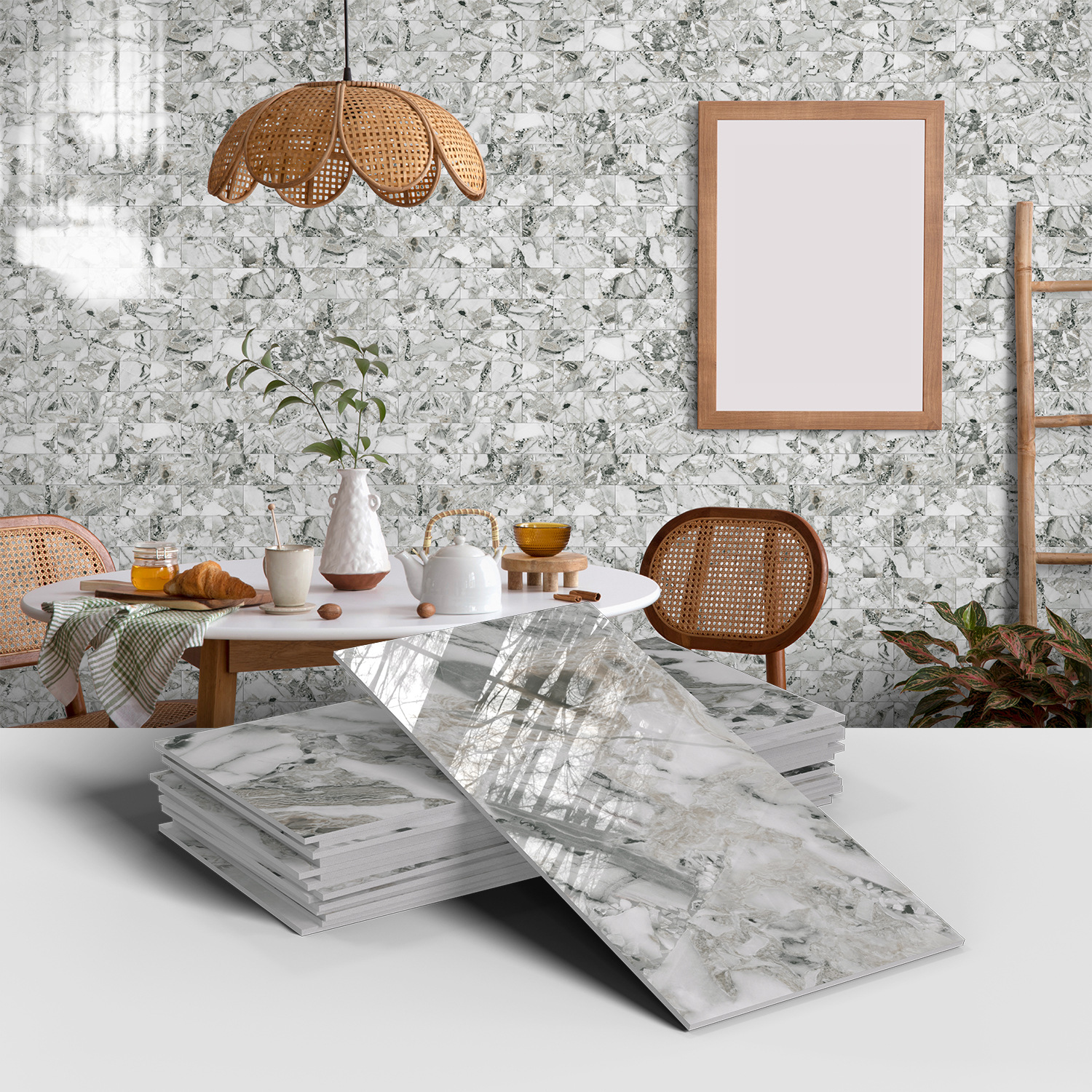 Picture of Crystal Marble Tile Wall Stickers Thickened PET Waterproof Self-adhesive Wallpaper for Kitchen Living Room Wall Decoration Cross Border