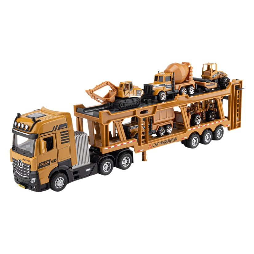 Jiaye alloy model children's toys 1:50 car transporter trailer and engineering vehicle sound and light pull back can open the door