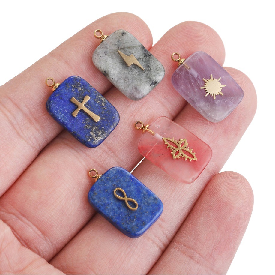 European and American Natural Stone Pink Crystal Turquoise Stainless Steel Titanium Steel Square Small Pendant DIY Jewelry Necklace Accessories