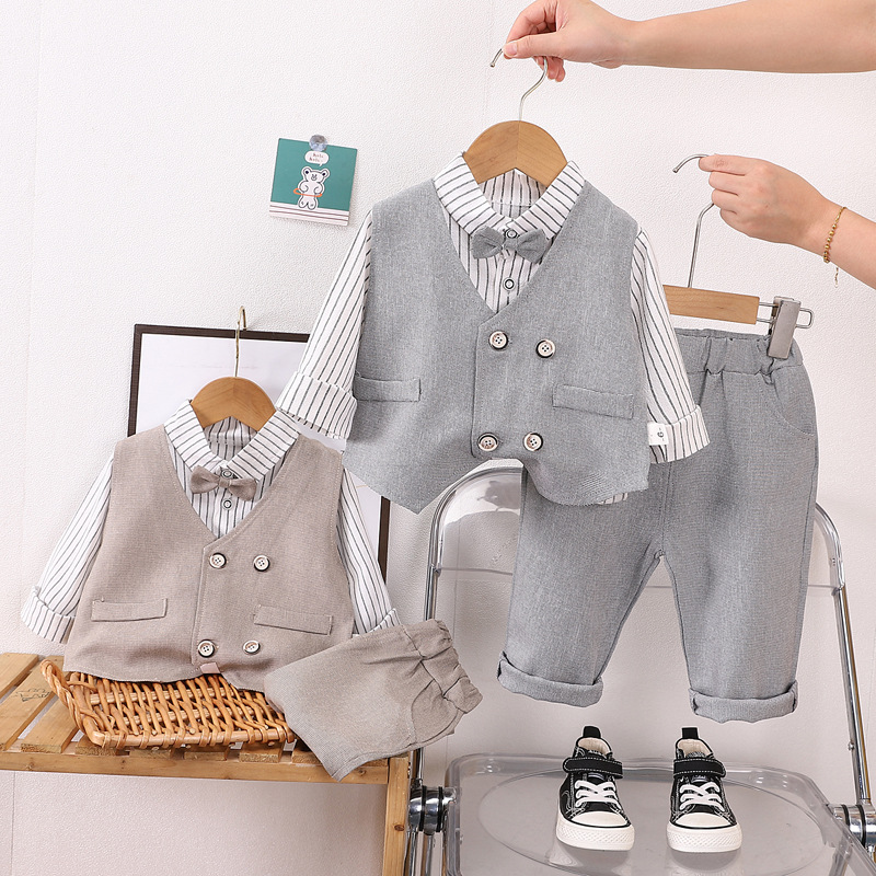 Picture of Korean style spring fashion baby fried street spring double-breasted vest bow tie long sleeve suit boy long sleeve three-piece set