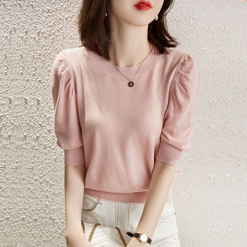 2025 New Summer Style Pleated Puff Sleeve Ice Silk Knitwear Versatile Mid-Sleeve Small Fragrance Top Women's Thin T-Shirt