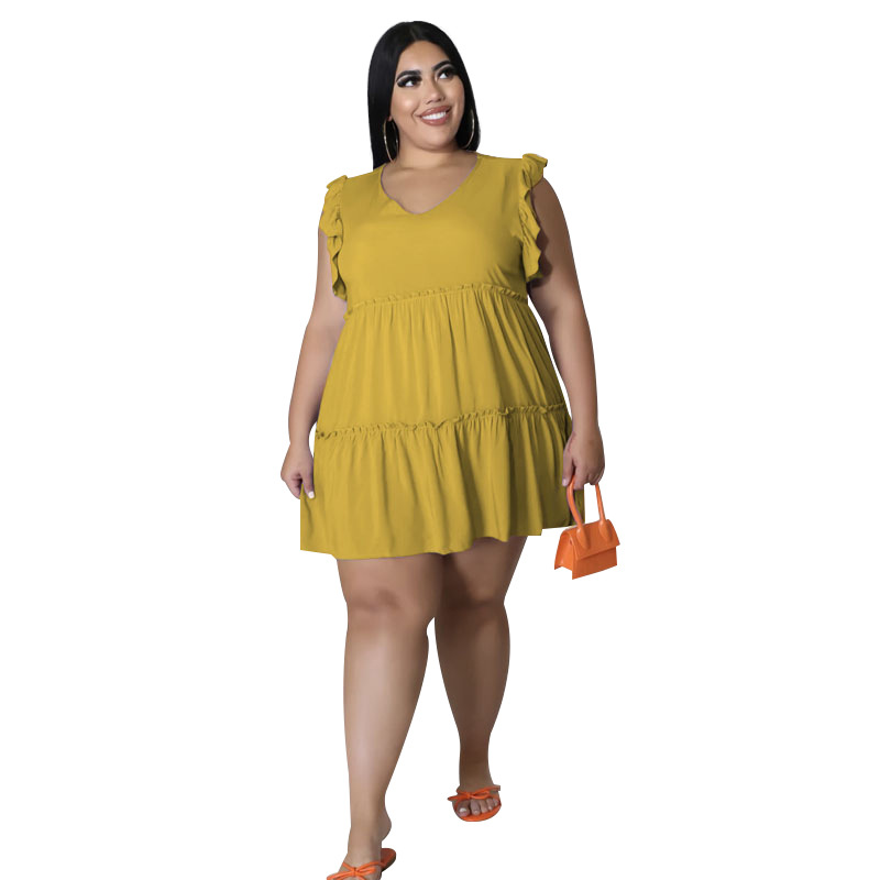 Picture of 2022 Summer New European and American Plus Size Women's Solid Color Casual V Neck Sleeveless Ruffled Pleated Short Dress