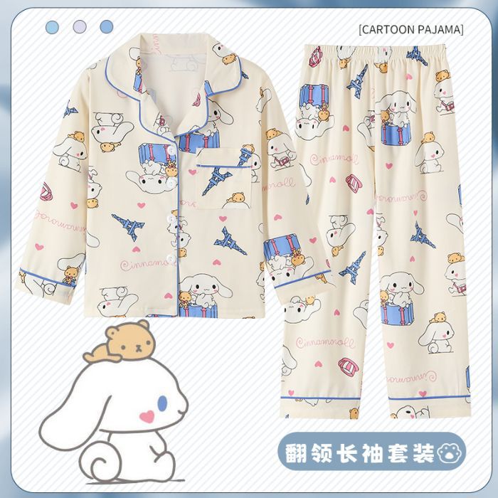Picture of Children's Pajamas Spring and Autumn Cute Cartoon Boys and Girls Lapel Cardigan Long Sleeve Trousers Children's Home Clothes
