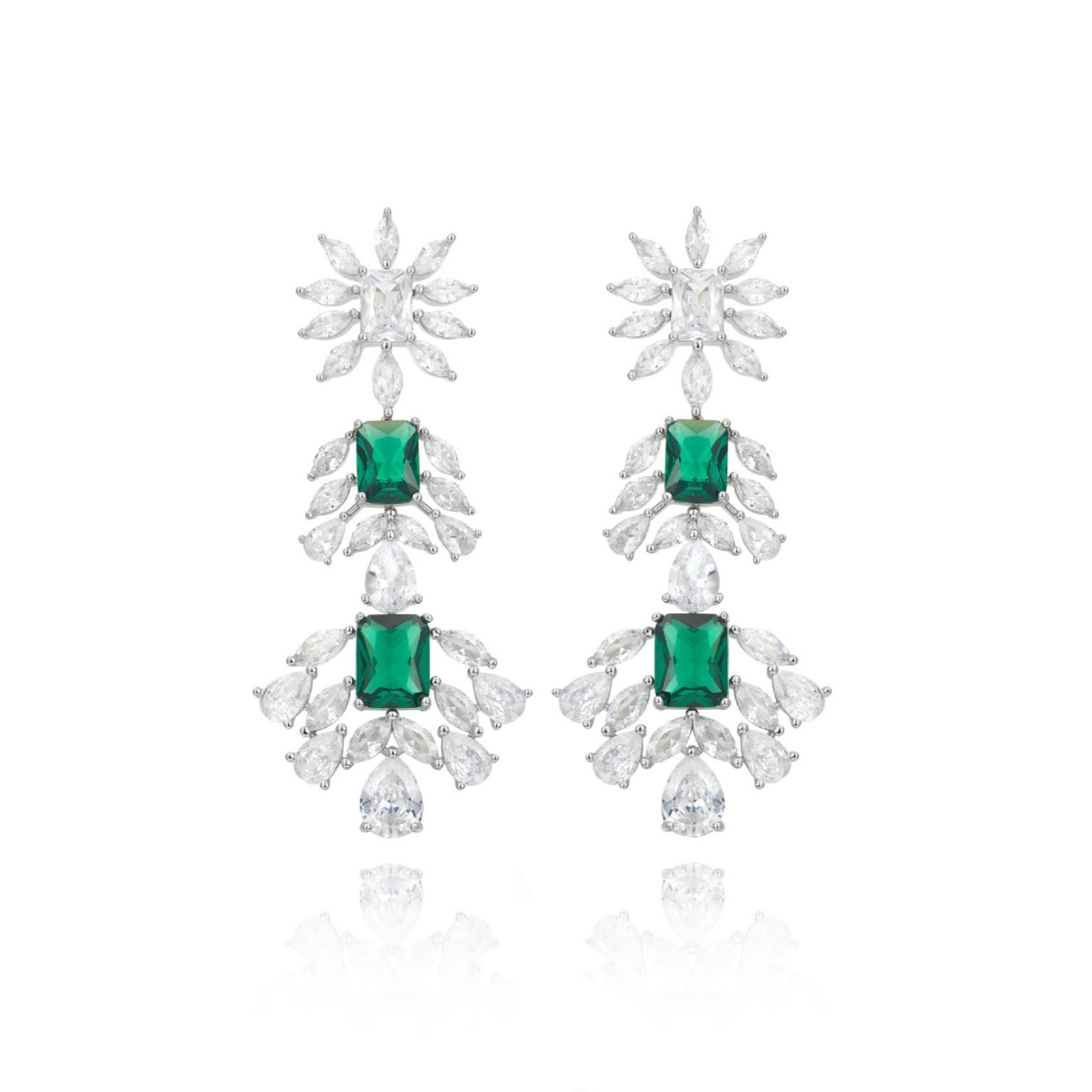 Autumn and Winter New Cross-Border Petal-Shaped Green Gemstone Earrings, Gold-Plated, Heavy Craftsmanship, Emerald Zircon, Elegant Long Earrings for Ladies