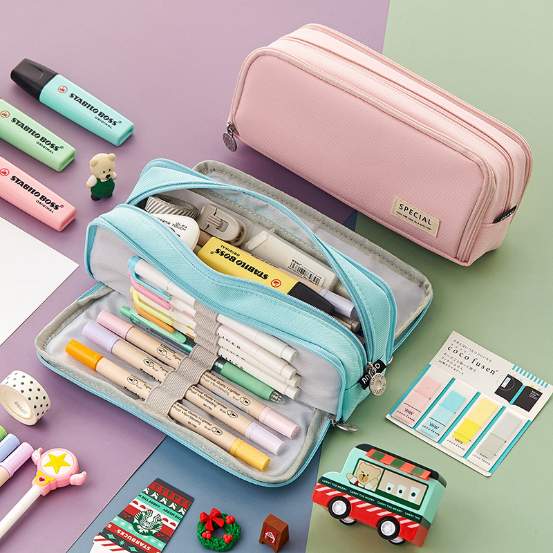 Large-Capacity Pencil Case Japanese Style Square Junior High School and High School Students Multi-Functional Simple Pure Color Girl Stationery Box Cosmetics Bag