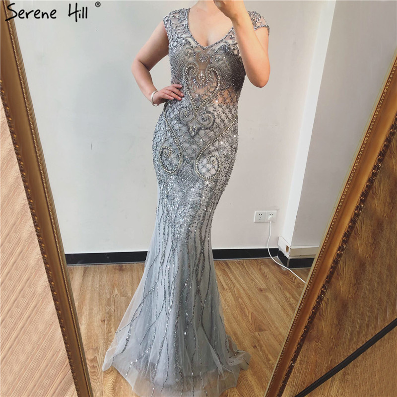 New Grey V-neck Heavy Industry Bead Slim Evening Dress Light Luxury Elegant Fishtail Slim Dress LA70063