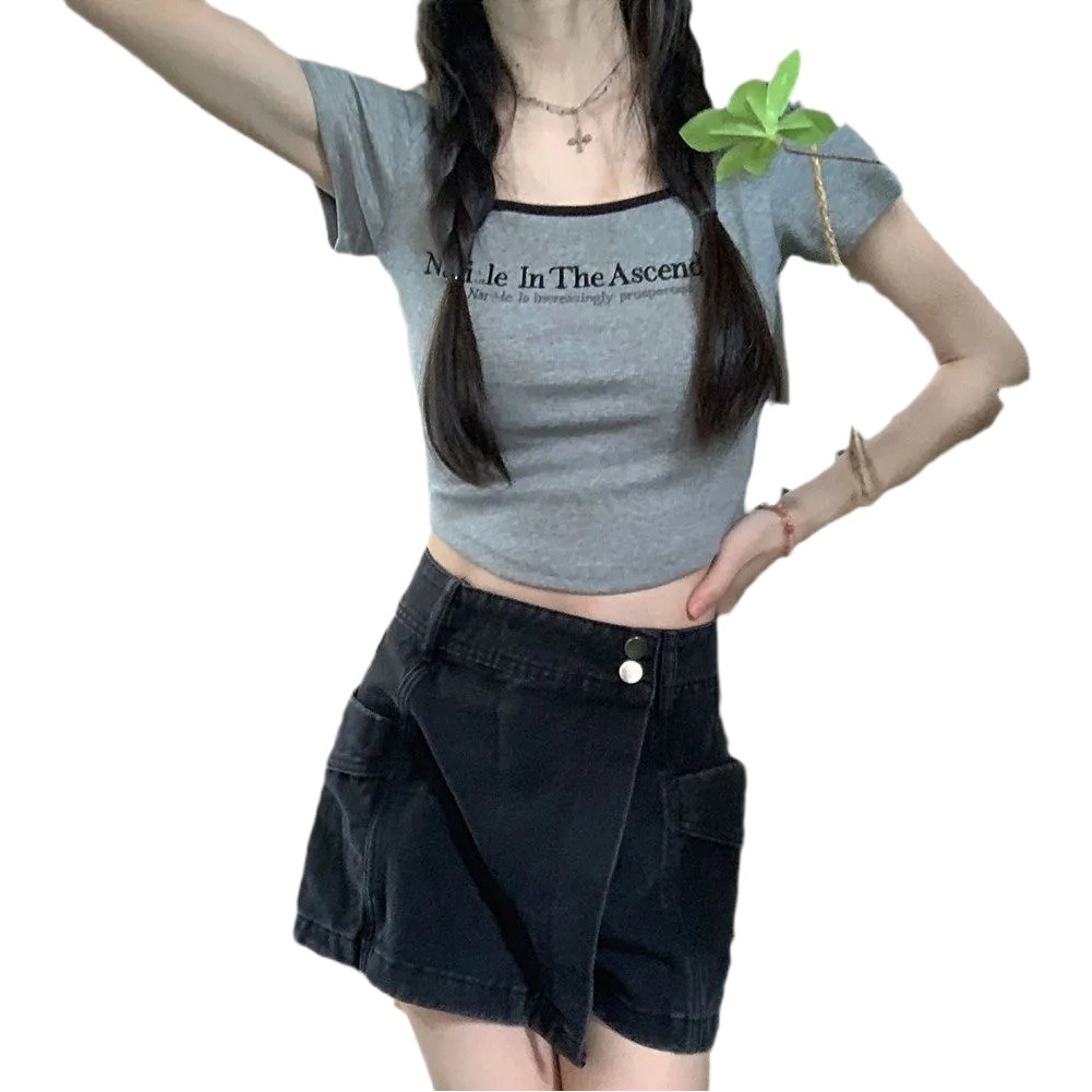 Summer Korean Style New Slim Square Neck Shoulder Short Sleeve T-Shirt Women's Printed Letter Short Top Pure Korean Style Bm