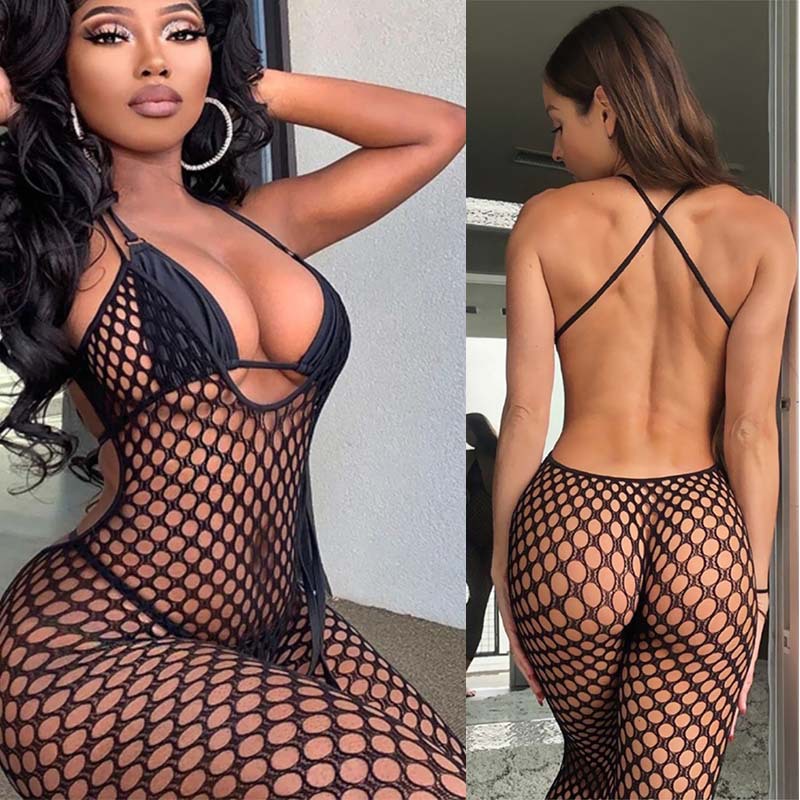2023 Cross-border AliExpress Lace Lingerie Europe and America Sexy Perspective Hollow Fishing Net Backless Tight jumpsuit