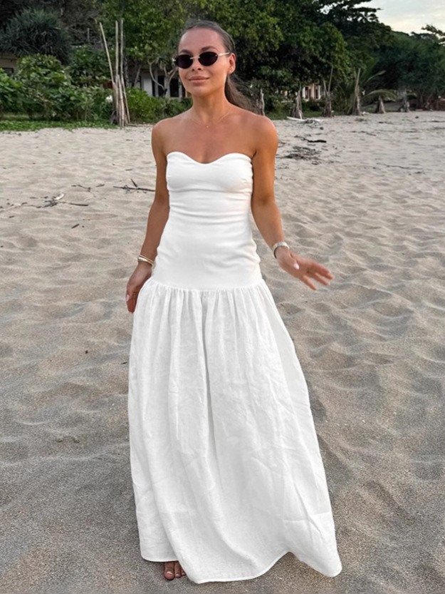 French Elegant Elegant White Cotton and Linen Tube Top dress Women's Clothing 2025 Spring and Summer Seaside Beach Dress High Waist Long Dress