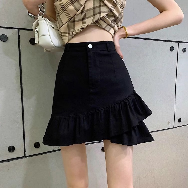 2024 slimming design solid color denim skirt high-waisted A-line sweet and fresh ruffled skirt fashionable and versatile