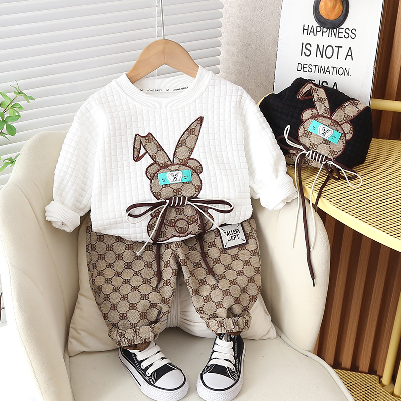 Cool handsome boys autumn new cartoon rabbit printed long sleeve round neck full printed trousers two-piece suit factory wholesale