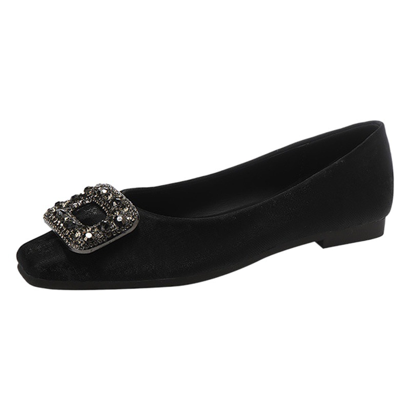 Square Toe Shallow Mouth Flats for Women Autumn Flats Bottom 2025 New Square Buckle Rhinestones with Skirt Scoop Shoes Large Size Women's Shoes 41 to 43