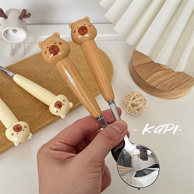 Picture of Ceramic Handle Cute Cartoon Skin Spoon Chopsticks suit Portable Tableware Cartoon Spoon Fork for Students
