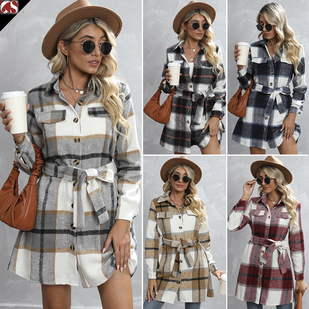 2022 autumn and winter Amazon lapel single-breasted belt mid-length plaid loose commuter women's woolen coat