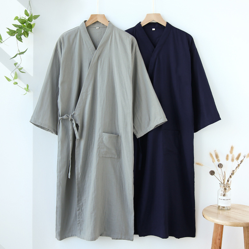 Japanese style kimono nightgown men's lightweight breathable summer spring and autumn men's long kimono nightgown loose Japanese style bathrobe
