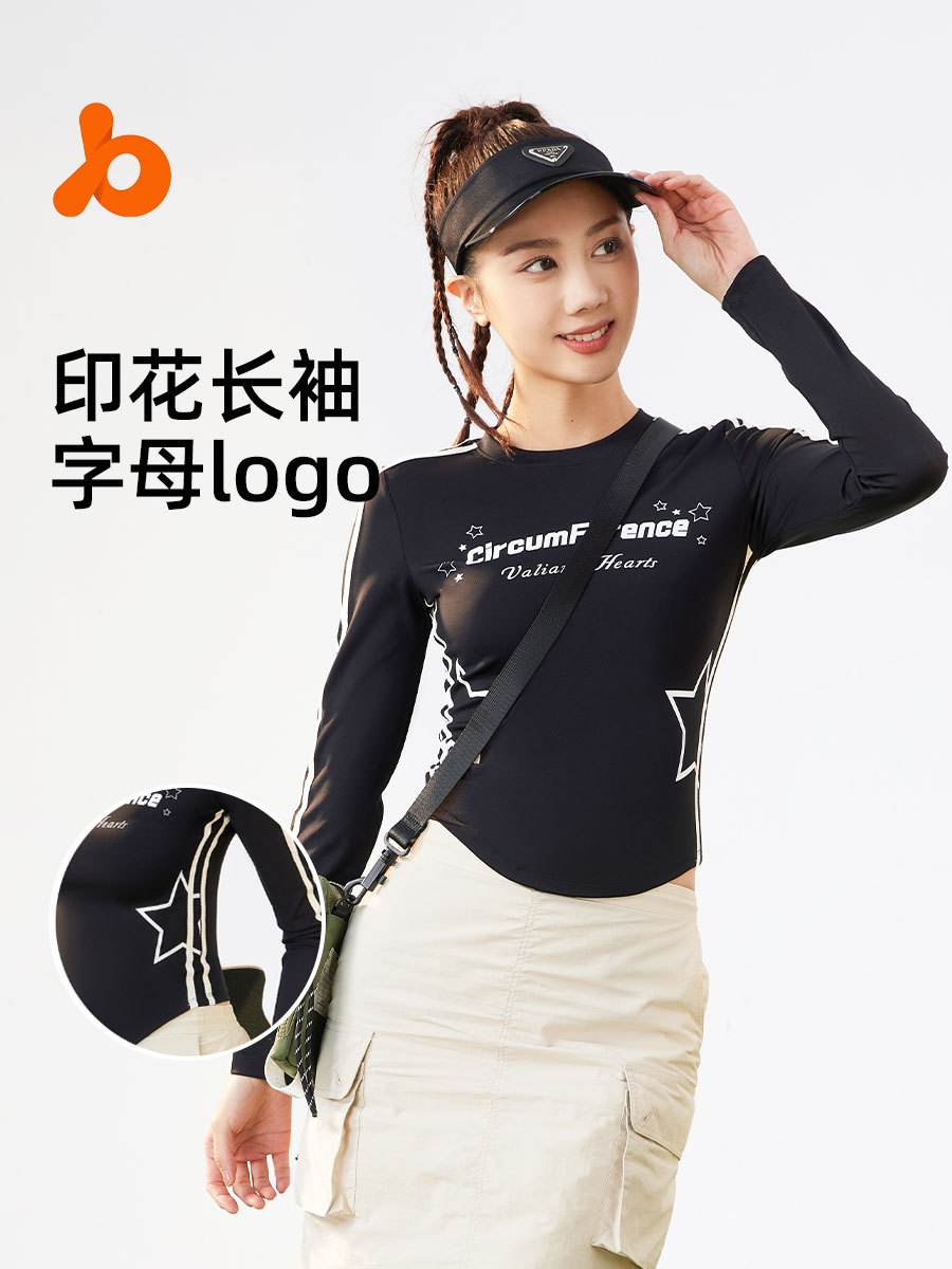 Juyitang Ribbon Printed Long-Sleeved American Style Retro Round Neck Waist Slimming Cloud-Feeling High-Elastic Sports T-Shirt