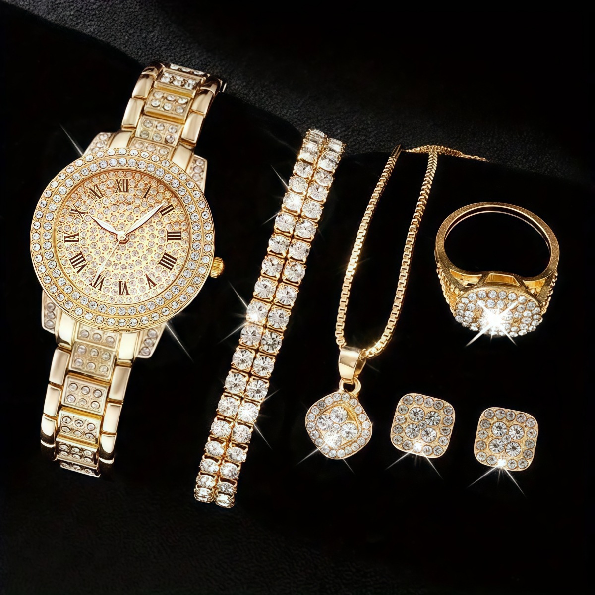 TEMU Explosions Fashion Women's Roman Pattern Watch suit Cornucopia Quartz Watch Full Diamond Bracelet Necklace in stock