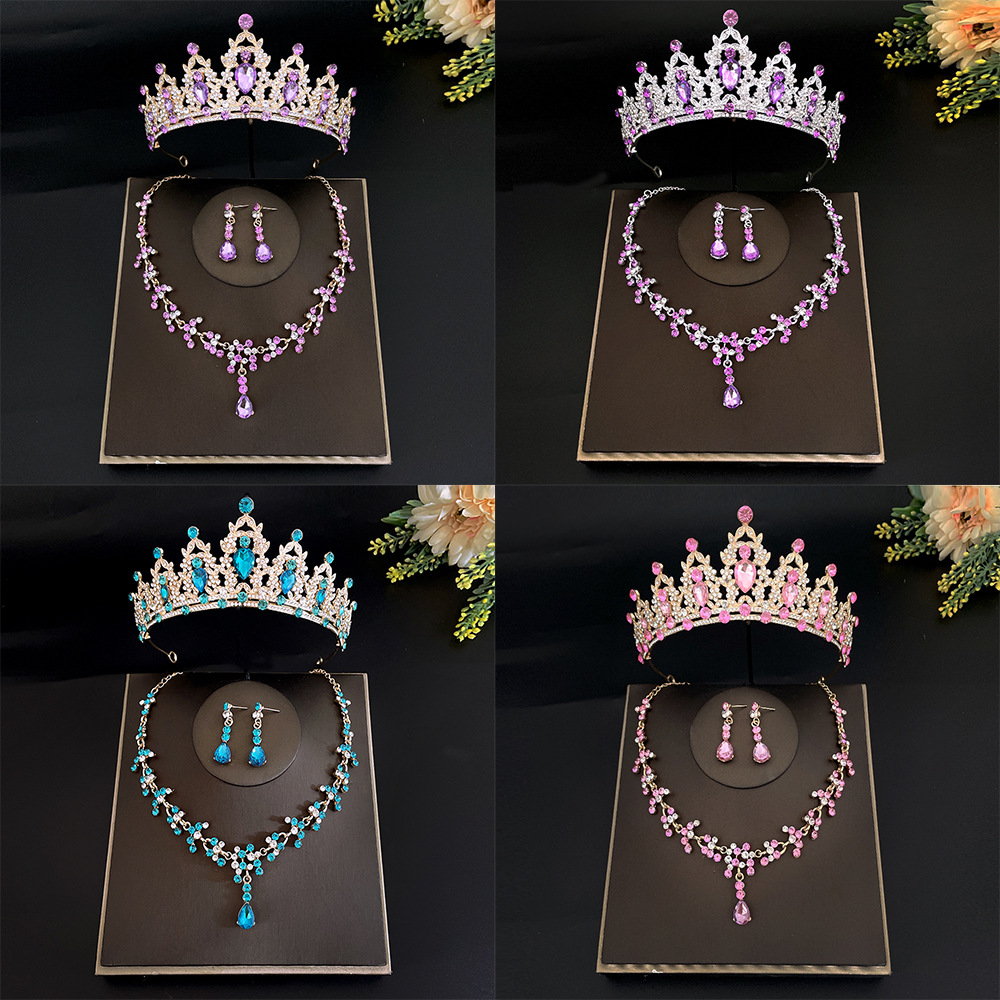 New bridal headdress crown three-piece wedding necklace earrings rhinestone set European and American wedding accessories wholesale