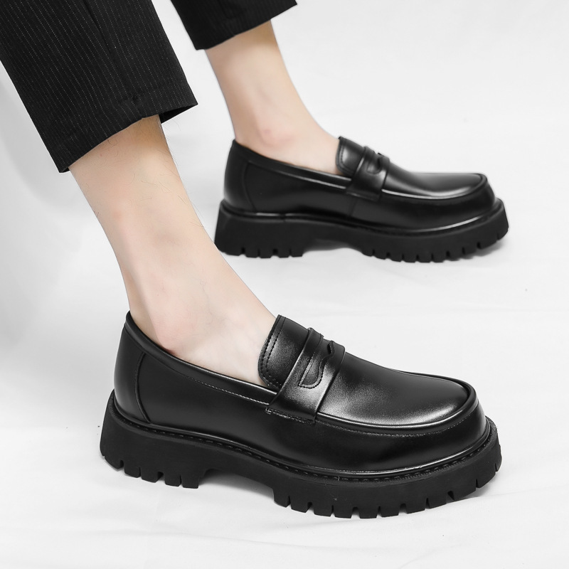 2025 Spring and Autumn Youth Pedal Loafers Thick-soled Heightening Shoes Black Fashion Men's Casual Leather Shoes