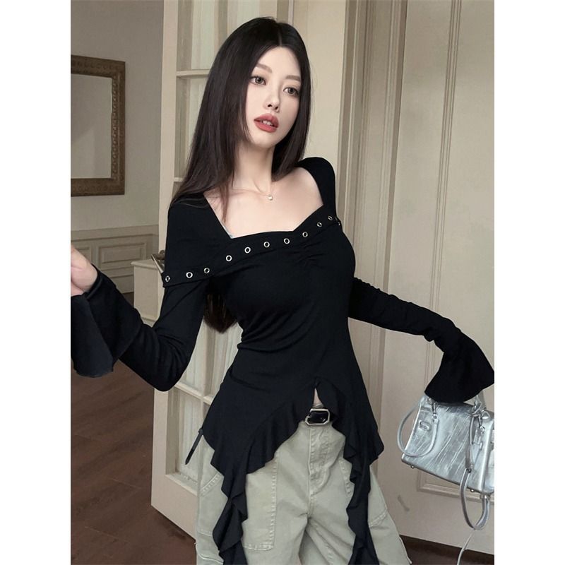 American-style Early Autumn All-match Square Collar Ruffled Irregular Slim-fit All-match Long-sleeve T-shirt Women