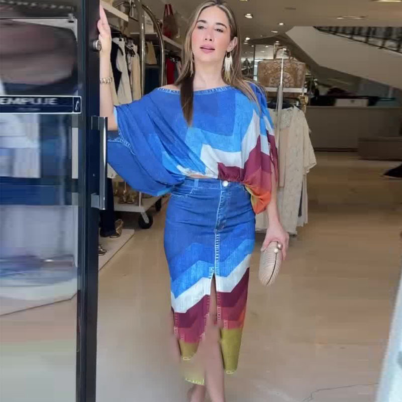 2024 foreign trade Amazon European and American fashion printed suit pleated shoulder jacket split two-piece suit