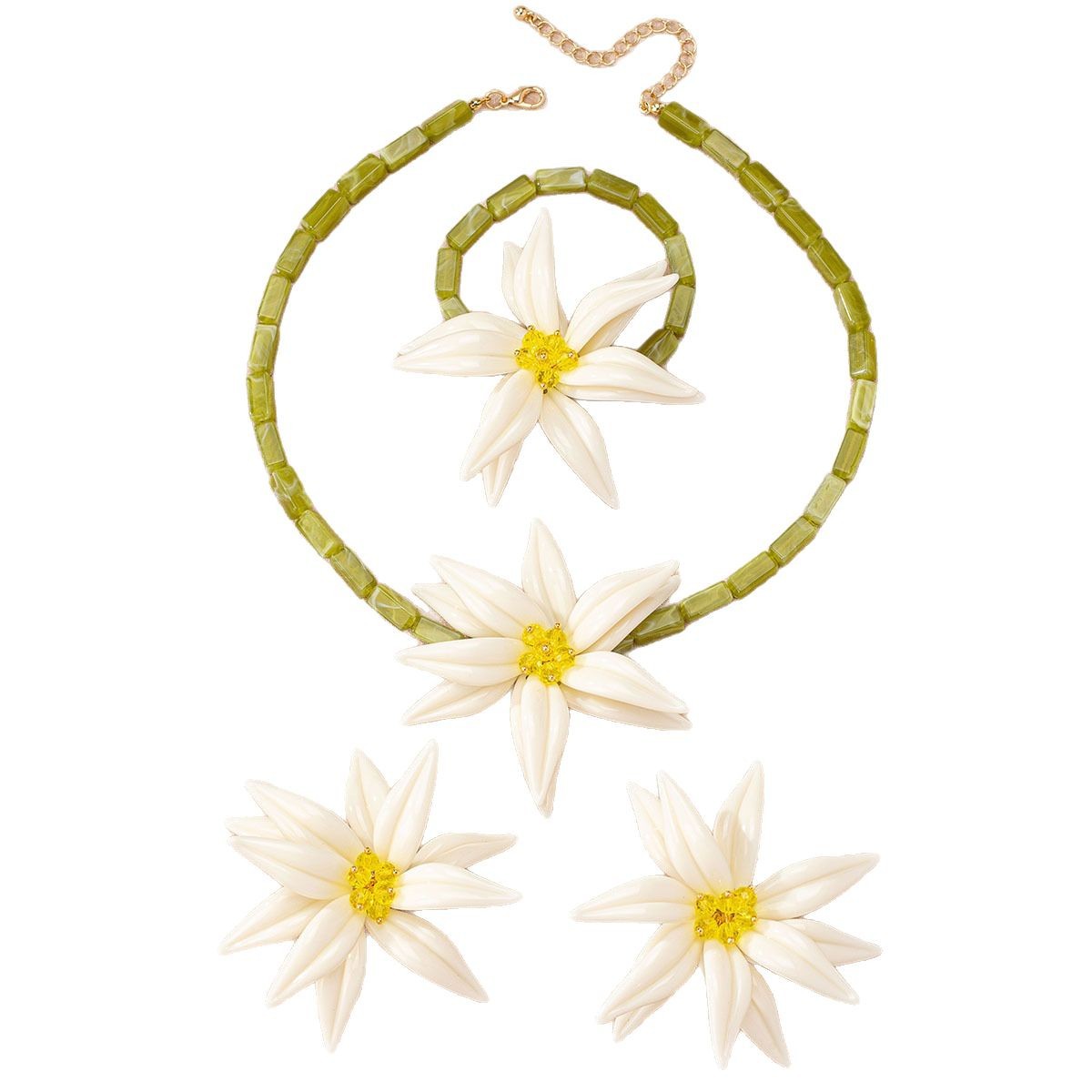 Picture of Summer New Style Small Fresh Lily Flower Earrings Bracelet Necklace Set Women's Super Fairy Holiday Style Beaded Clavicle Chain