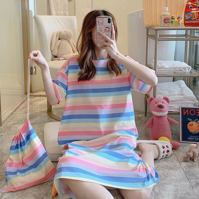 Picture of Internet Celebrity Summer Korean Style Princess Fresh Sweet Loose Nightdress Short Sleeve Plus Size Pajamas Dress with Cloth Bag