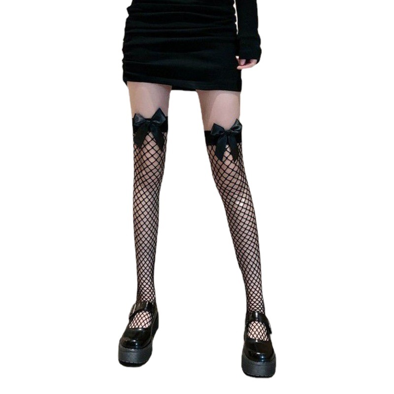 Black Silk White Fishnet Stockings Women's Summer Lace Thin Over-the-Knee Long Tube Sexy Sexy Bow Pure Desire Stockings