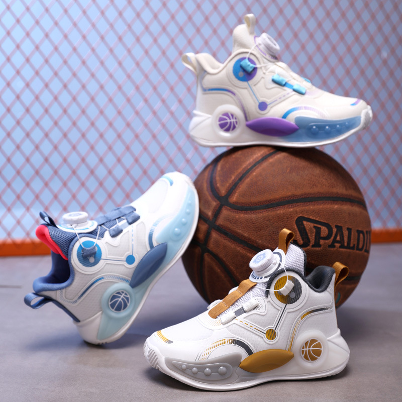 2025 New Lace-up-free Children's Shoes Boys Mesh Breathable Basketball Shoes Middle and Big Children's Non-slip Rotating Buckle Running Shoes