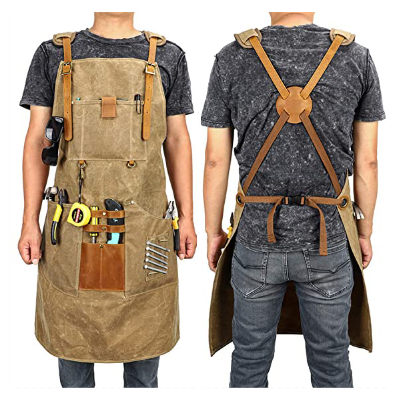 Cross-Border Export Canvas Apron with Bag Thickeneded Apron Barber Carpentry Gardening Work Clothes Apron with Logo Printed