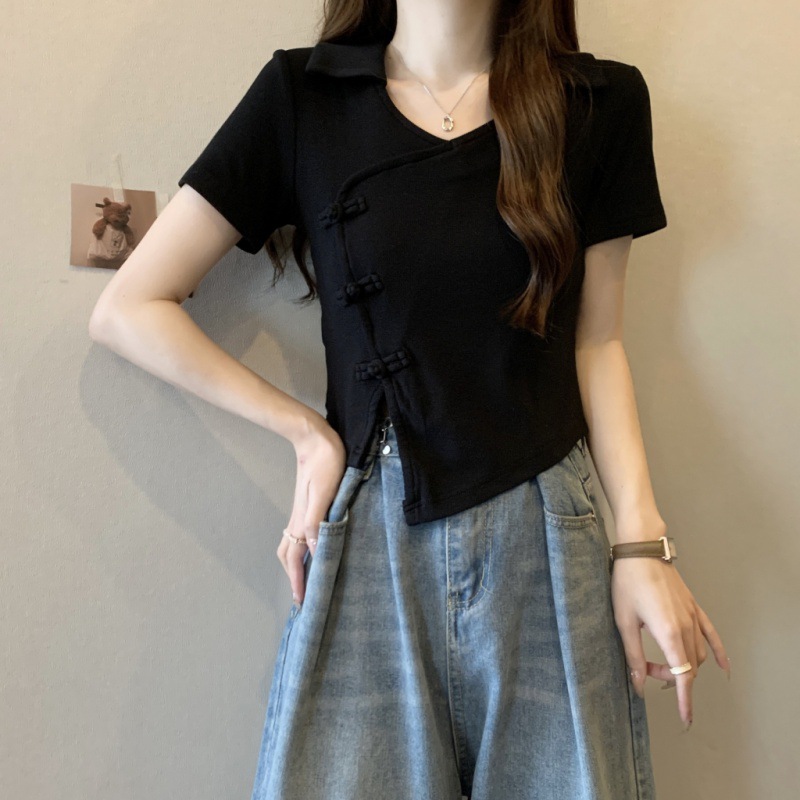 New Chinoiserie National Style Short-Sleeved T-Shirt for Women Summer Black Design Niche Right Shoulder V Neck Short Top for Women Wholesale