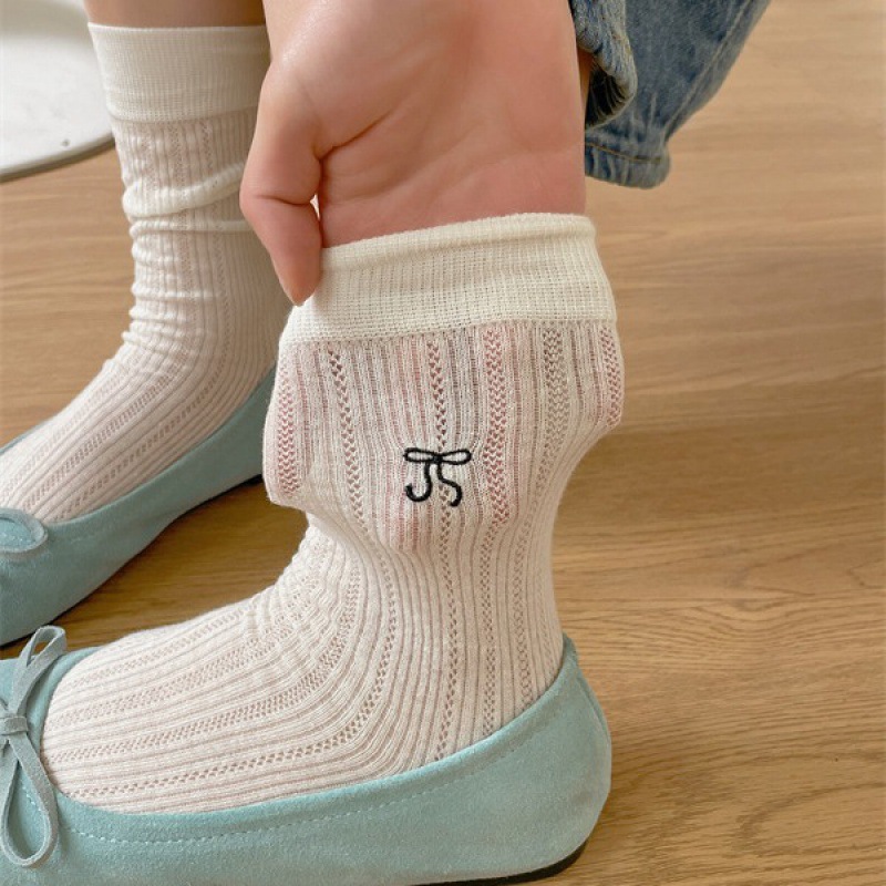 Spring and summer milk white thin JK socks women's tube socks ballet bow hollow pile socks all-match solid color