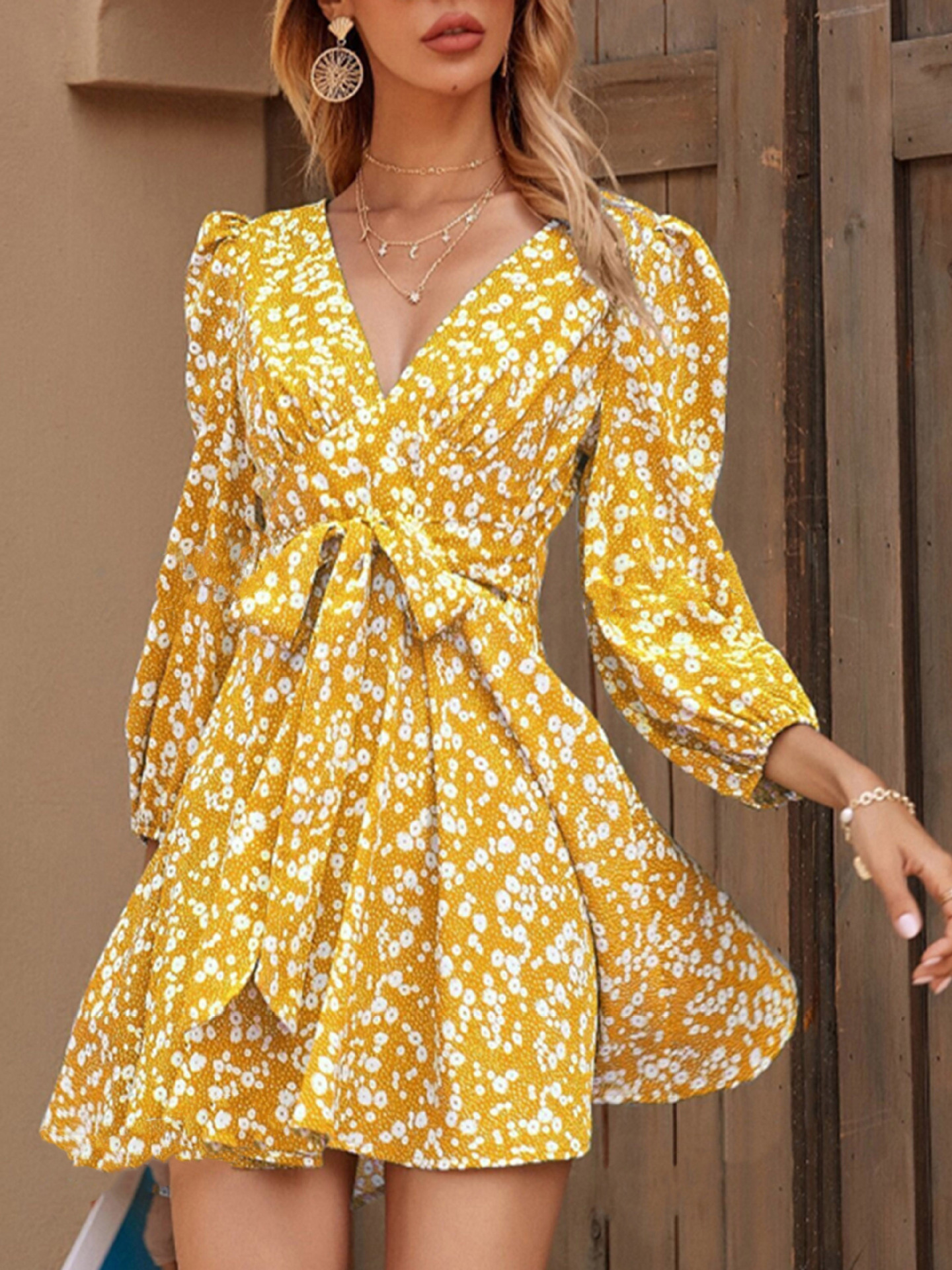 European and American dress 2025 Summer Cross-border New Floral Lace-up Bubble Long-sleeved High Waist Large Swing Skirt