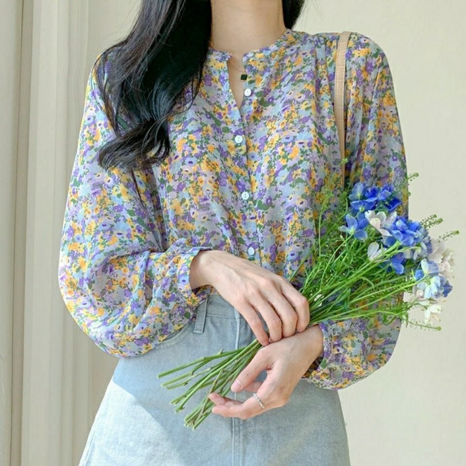 Picture of Floral Chiffon Shirt Women's Super Fairy Spring and Summer New Design Sense Long Sleeve Round Neck Printed Stylish Top Sweet Small Shirt