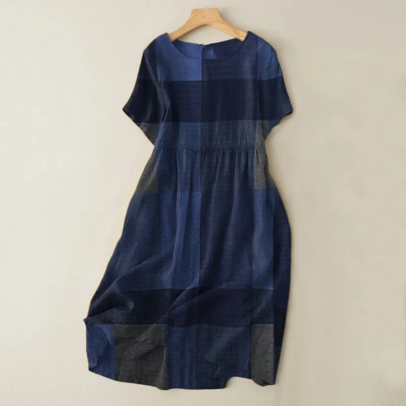 Spot 2023 Amazon AliExpress new dark plied cotton and linen printed short sleeve round neck dress