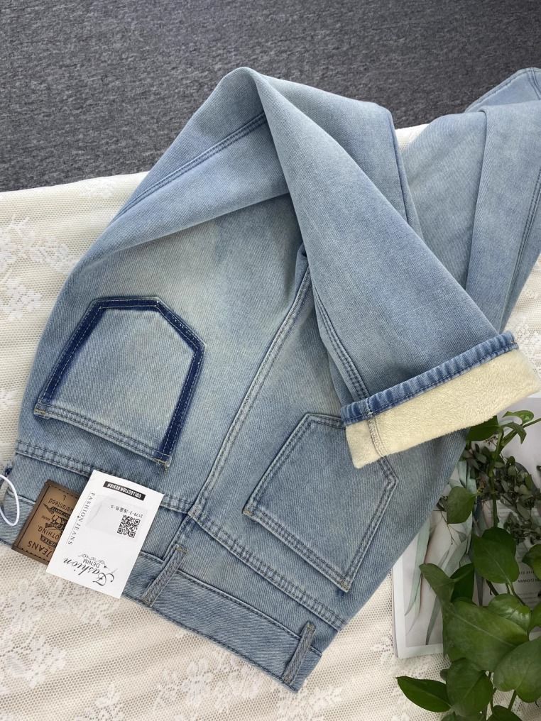 light blue fleece-lined Straight Jeans Women's 2024 Winter New High Waist Slimming Loose Narrow Wide Leg Pants