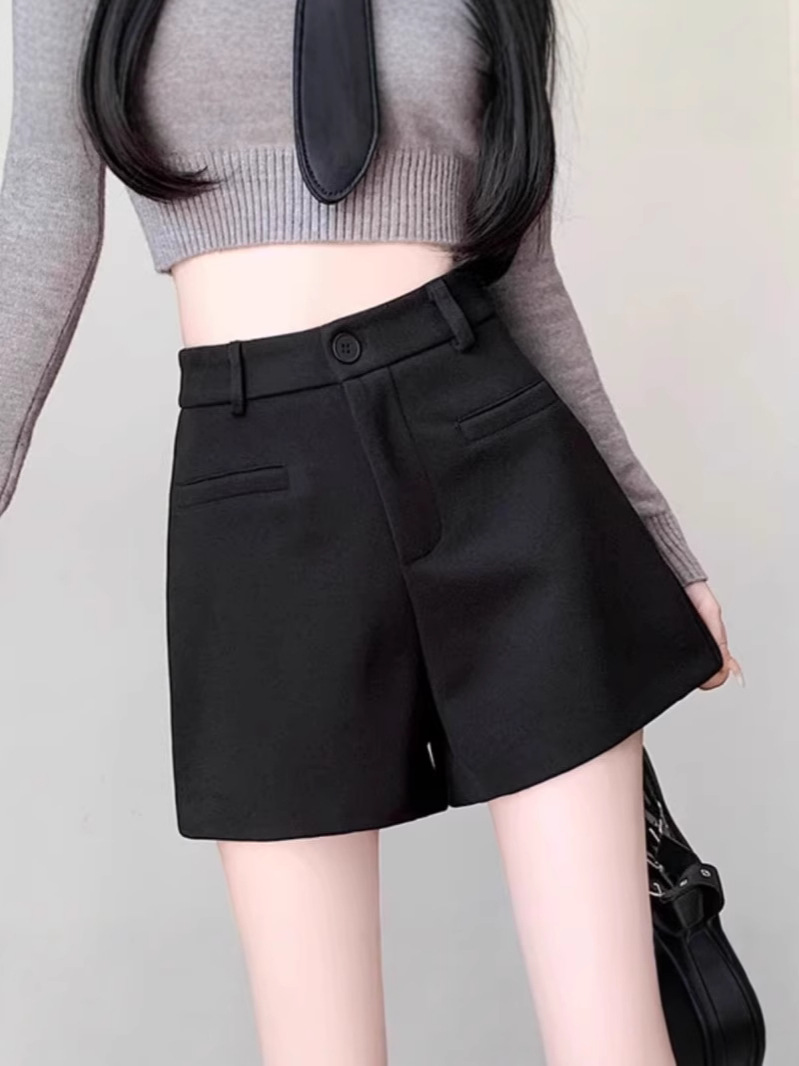 High Waist Woolen Shorts Women's Small Fall/Winter Loose All-match Slimming High-end Sense A- word Casual Wide Leg Pants xs