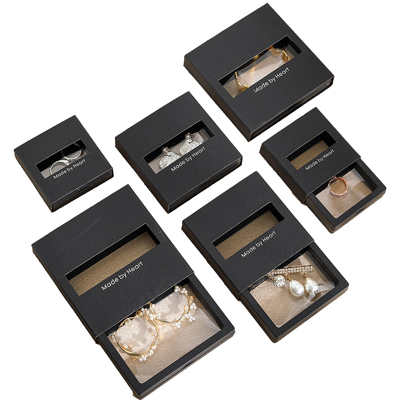 Picture of in stock wholesale envelope suspension box black cardboard anti-oxidation display drawer jewelry box pe film jewelry storage box