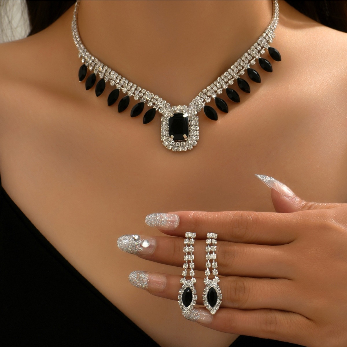 Bridal women's suit necklace earrings full diamond suit AliExpress hot sale wedding evening dress versatile European and American jewelry