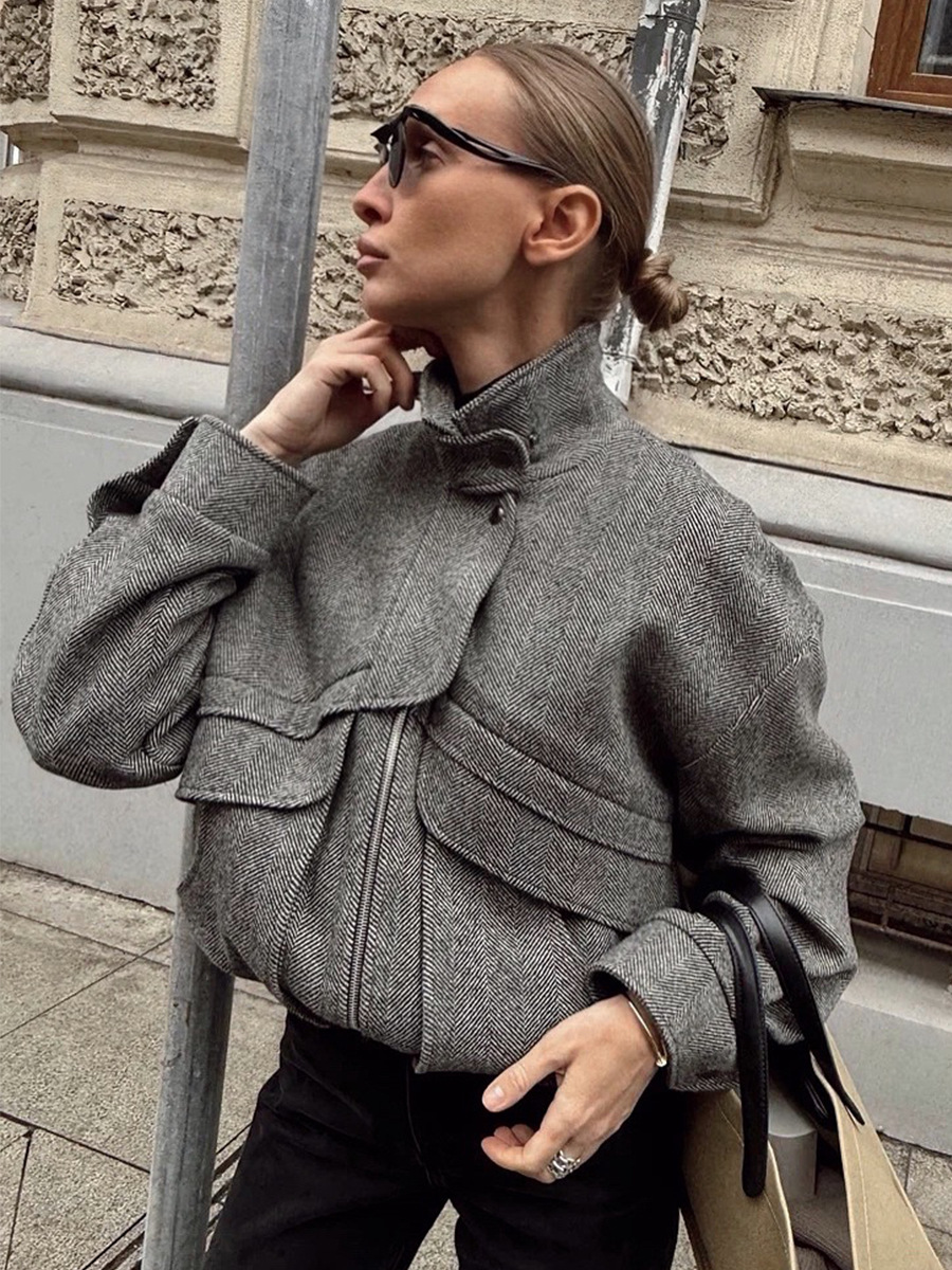 Picture of Cross-border herringbone pattern stand-up collar jacket Europe and the United States 2025 autumn/winter new zippered top with pocket loose woolen jacket