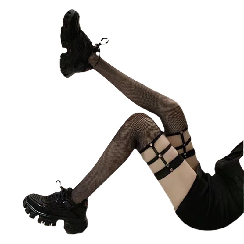 New online celebrity sexy temptation Rivet over-the-knee socks women's hollow fishing net long sexy sling Dark Queen black stockings