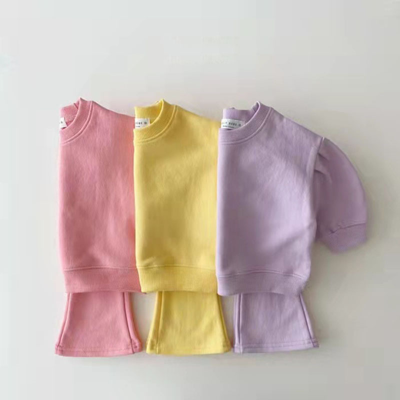 Korean Style Kidsren's Clothing Infants and Toddlers Spring & Fall Girls' Cotton Suit Baby Candy Color Trendyy Kidsren's Sweatshirt and Pants Two-Piece Set