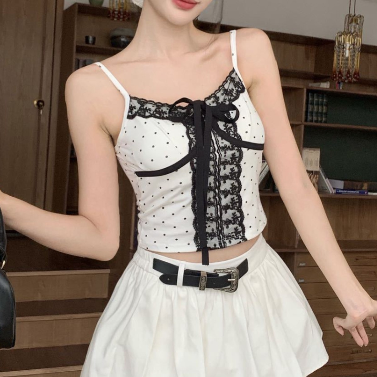 66023 cotton fashion lace splicing polka dot print beautiful back suspender slim fit versatile vest base top trend
