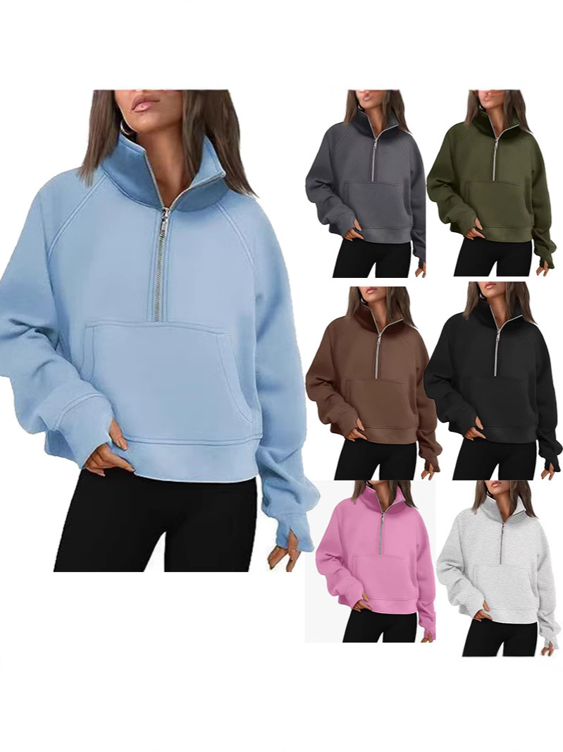 Foreign Trade European and American Raglan Sleeve Sweater Women's Autumn and Winter Fleece Loose Jacket Semi-Zipper Shirt with Vertical Collar Foreign Trade Long Sleeve Sweater