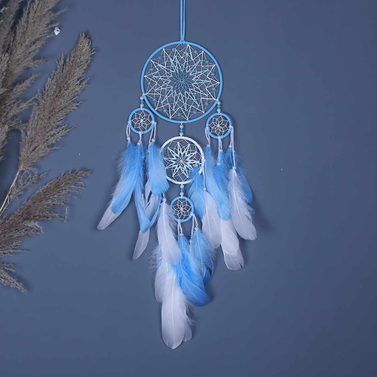 MS9377 Lucky Five Rings Dream Catcher Pendant Home Decoration Hot Sale Natural Feather Creative Decorations Wind Chimes