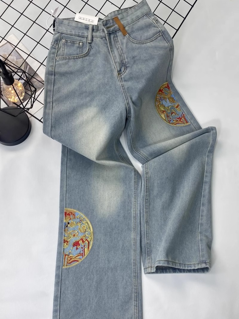 New Chinese Embroidered Straight Pants 2024 National Style Popular Design Fashion Slim Wide Leg Denim Pants