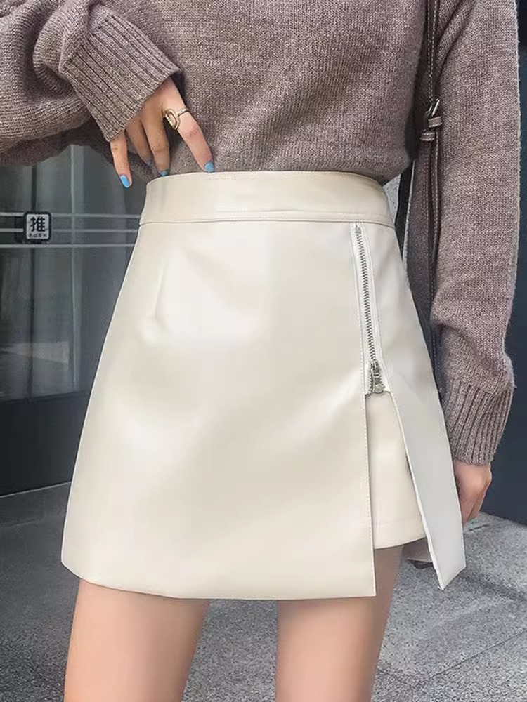 Picture of 2023 Autumn and Winter Elegant PU Leather Skirt Women's High Waist Slimming Irregular Hip Skirt Fashionable Korean A- line Skirt